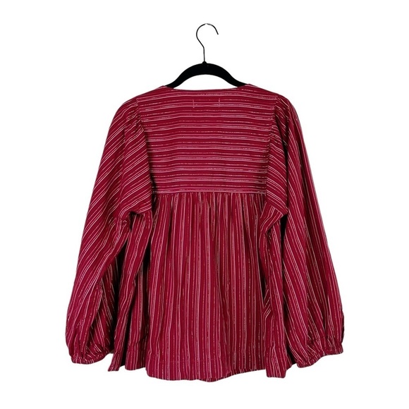 Madewell Swingy Peasant Top in Metallic Stripe V-Neck Red Cotton Size Small - Picture 4 of 9